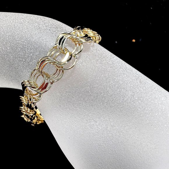 14K yellow gold patent Triple Link charm bracelet starter 7 1/4" x 8.7mm 10.6gm - Picture 1 of 8